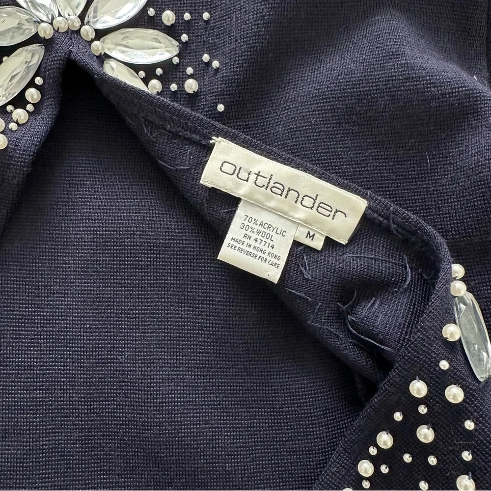 OUTLANDER Pearl & Jewel Trim Knit Dress Sz M Navy V-Back Long Sleeve